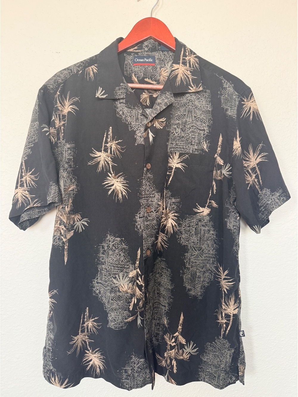 Ocean Pacific OP Men’s M 100% Silk Hawaiian Camp Shirt Black Palm Tree Tropical